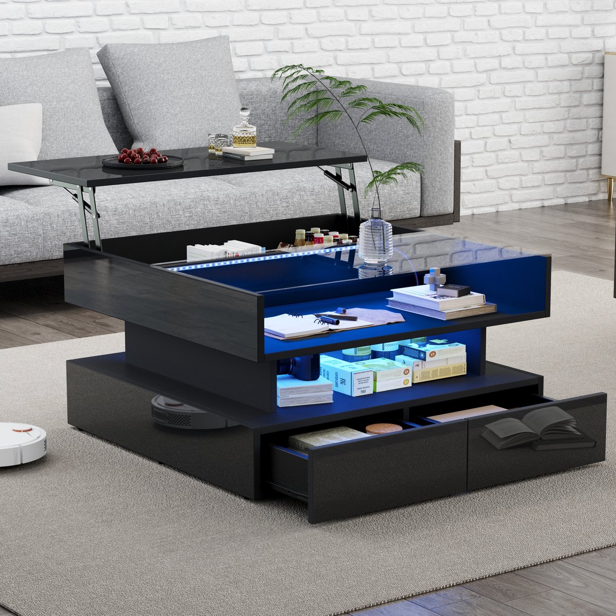 FloraGrace Salontafel - Verstelbaar Met LED En Opbergruimte - Voor Woonkamer - Spaanplaat En Glas - 80x80x45 Cm - Zwart