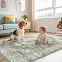 Groen vloerkleed met klassiek patroon, met een hond en baby.