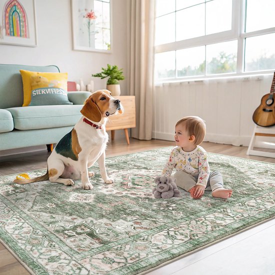 Groen vloerkleed met klassiek patroon, met een hond en baby.