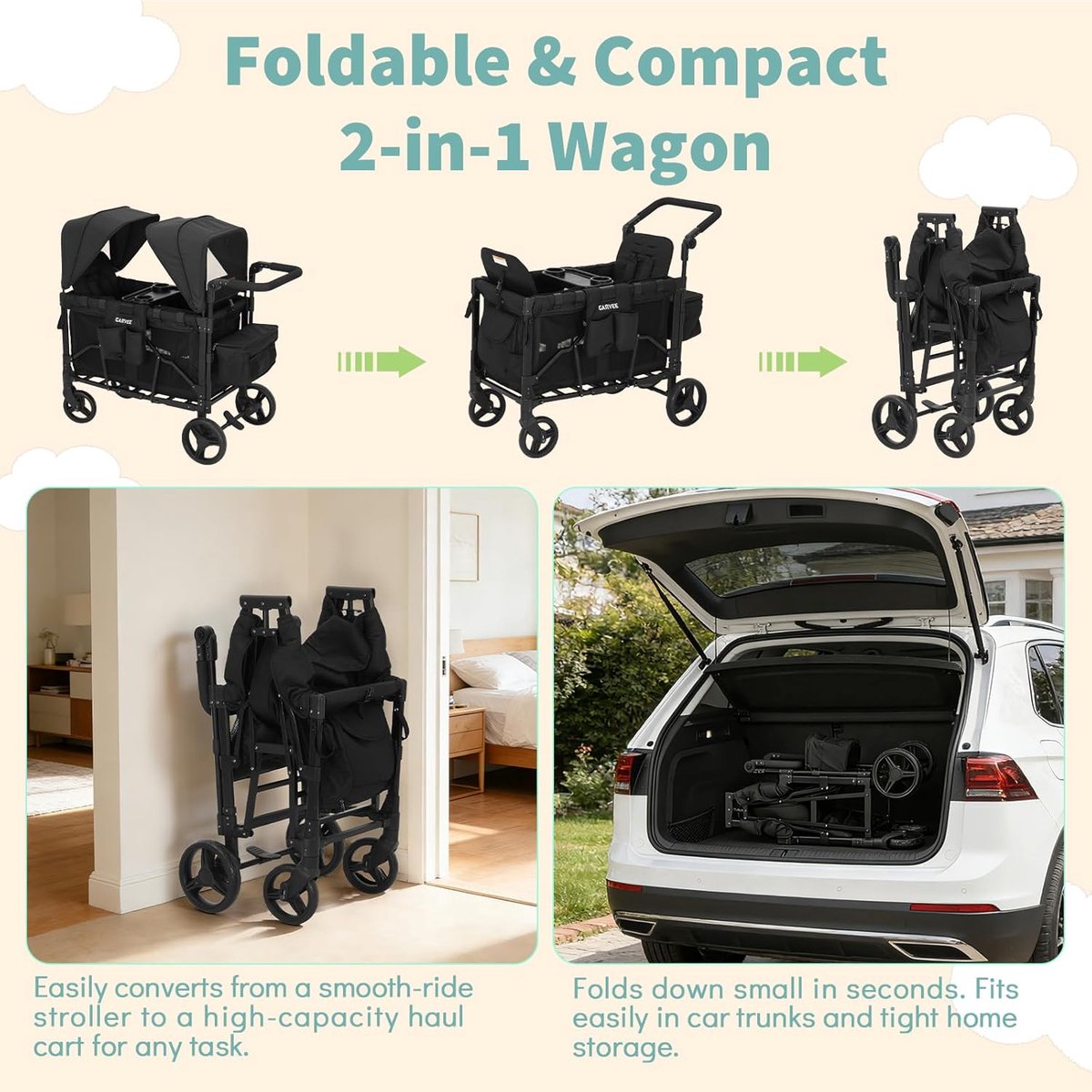 Opvouwbare Bolderkar voor 2 Kinderen met Dubbel Dak en 5-Puntsgordel - Wandelwagen met Afneembaar Dienblad & Opbergtas - Tot 60 kg - Schokdempende Wielen — afbeelding 7