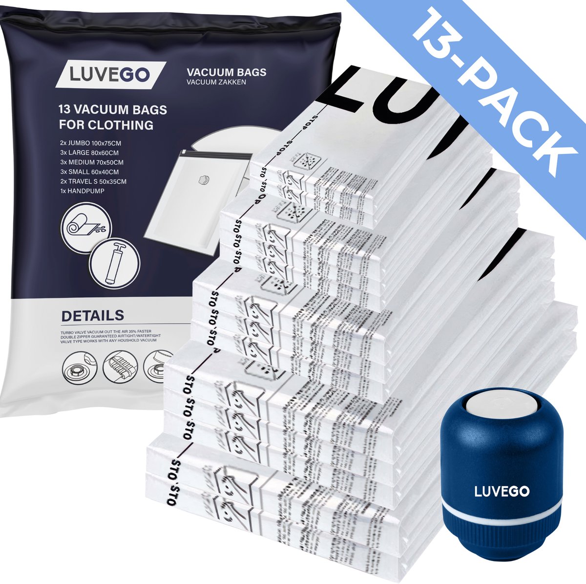Luvego Vacuumzakken Kleding & Dekbedden - 14 Stuks / 5 Maten - Reiszakken Vacuum Opbergzakken Incl. Elektrische Pomp