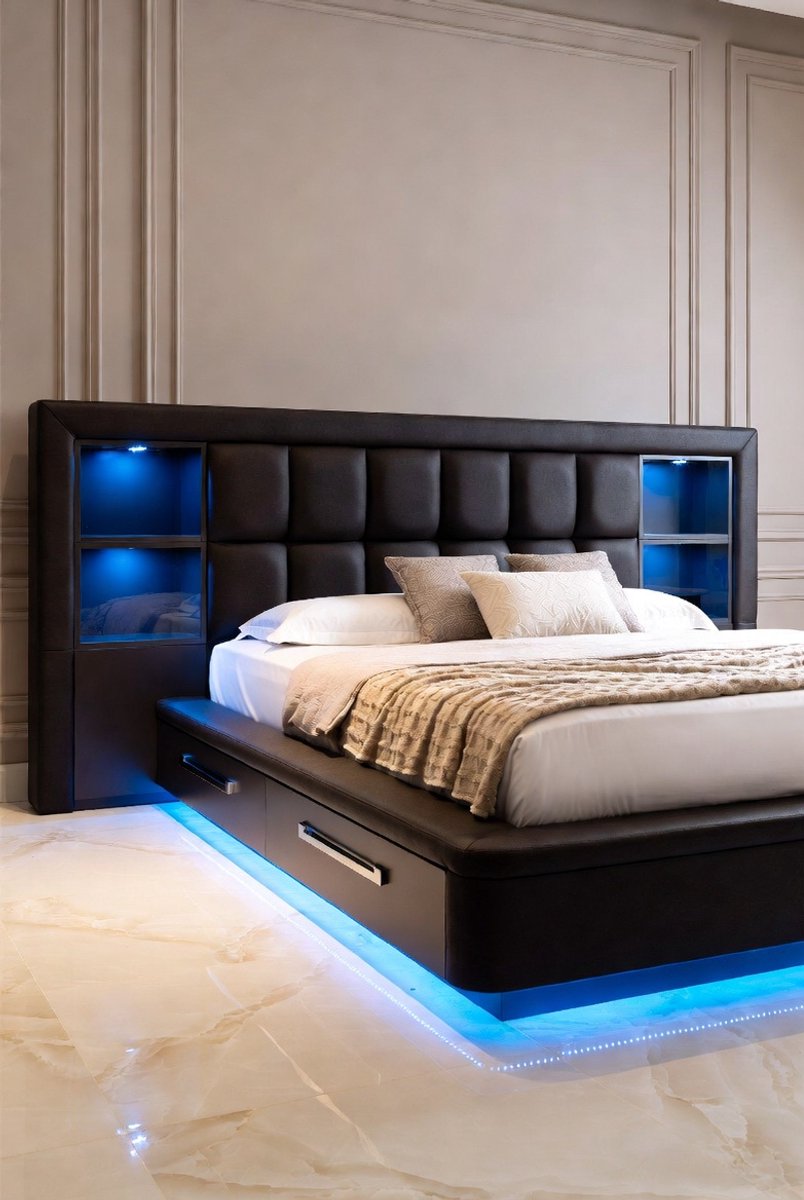 Modern LED Opbergbed met USB en Hydraulisch Liftmechanisme 160x200 cm – Tweepersoonsbed met Hoofdbord, Lattenbodem en Slimme Opbergruimte – Mobili Bella