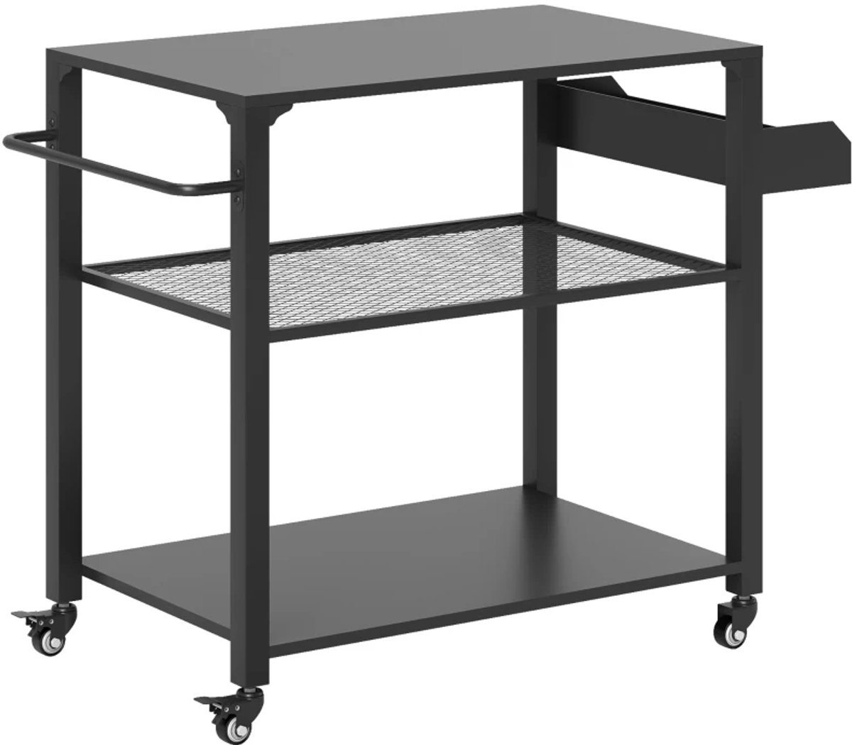 Grillwagen - Grilltafel met Opbergplank, Handvat, 4 Wielen - Rolwagen - Trolley - Keukentrolley - Grillstation - Outdoor Serveerwagen - Tafelstandaard BBQ - voor Tuin, Terras, Grillen - Zwart