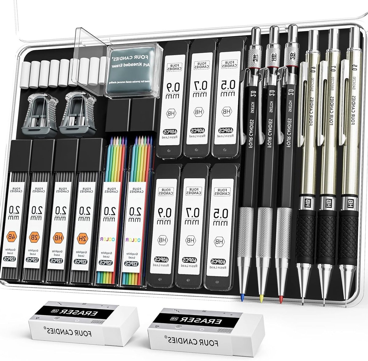 25-delige Mechanische Potloodset met Etui, Inclusief 432 Grafiet Navullingen voor Tekenen - 0.5, 0.7, 0.9mm en 2mm Clutch Pen met Diverse Hardheden