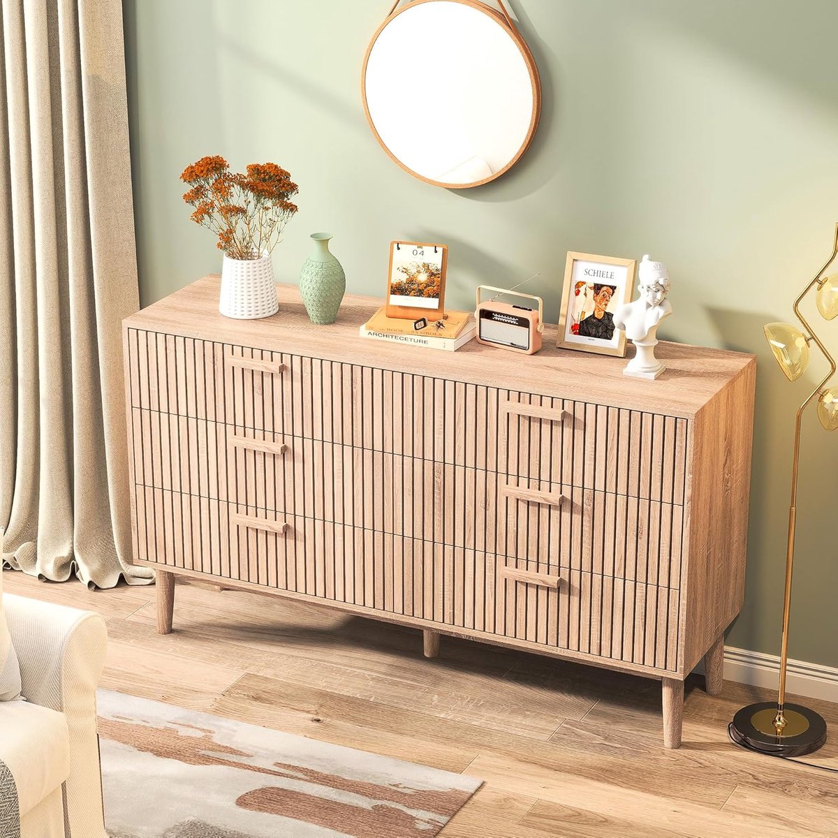 Vintage Landhuis Ladekast met 6 Lades – Brede Houten Dressoir 100 x 34 x 73 cm – Multifunctionele Opbergkast voor Slaapkamer, Woonkamer, Hal en Entree
