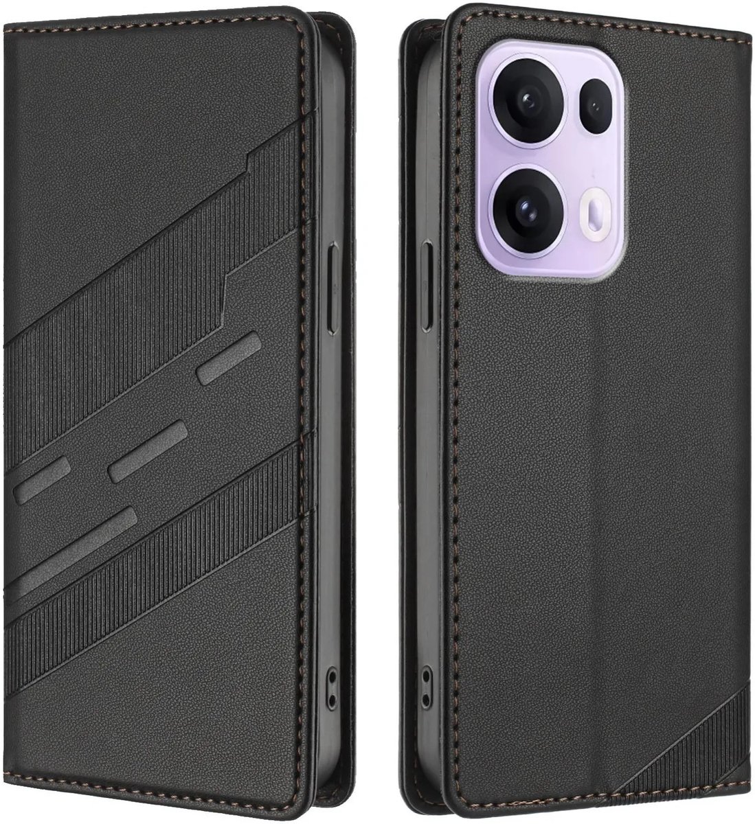 Hoesje geschikt voor Oppo Reno13 Pro - Phonesta Embossed Lines Book Wallet Case - Zwart