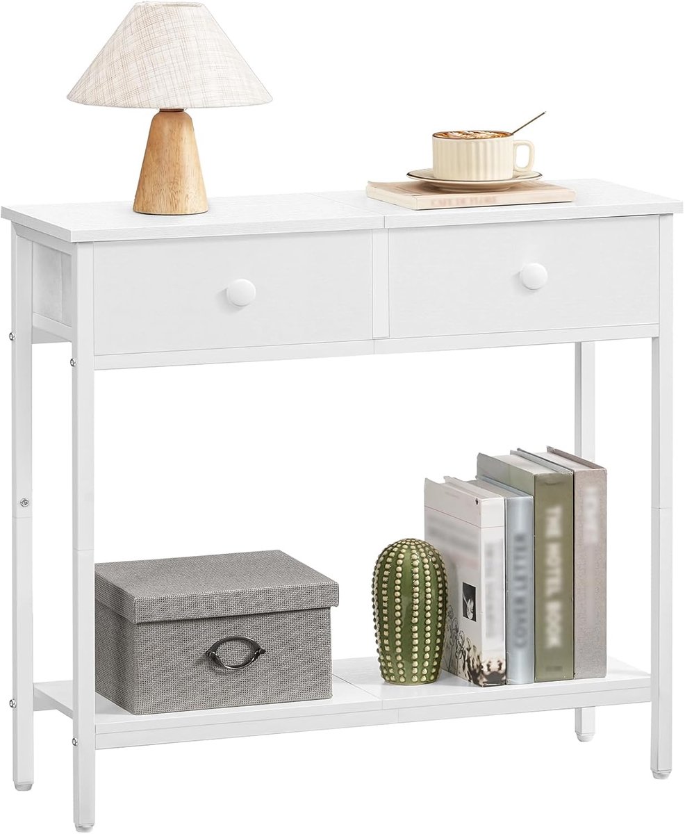 HOMESY Consoletafel, smalle bijzettafel met 2 stoffen lades, 75 cm haltafel, industriële salontafel, voor hal, woonkamer, hal, wit