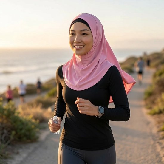 Een Aziatische vrouw in een roze hijab en sportkleding, joggend langs de kust bij zonsondergang.