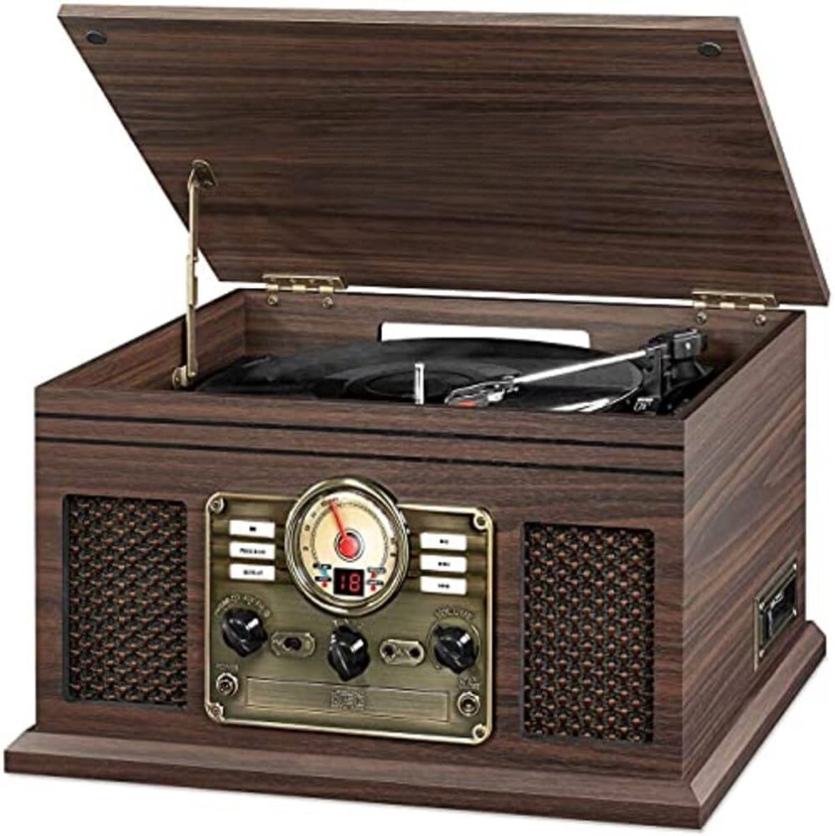 SNJY® Platenspeler Bluetooth - Platenspeler met Speakers - CD Speler - 3 Snelheden - 6-in-1 - Bruin