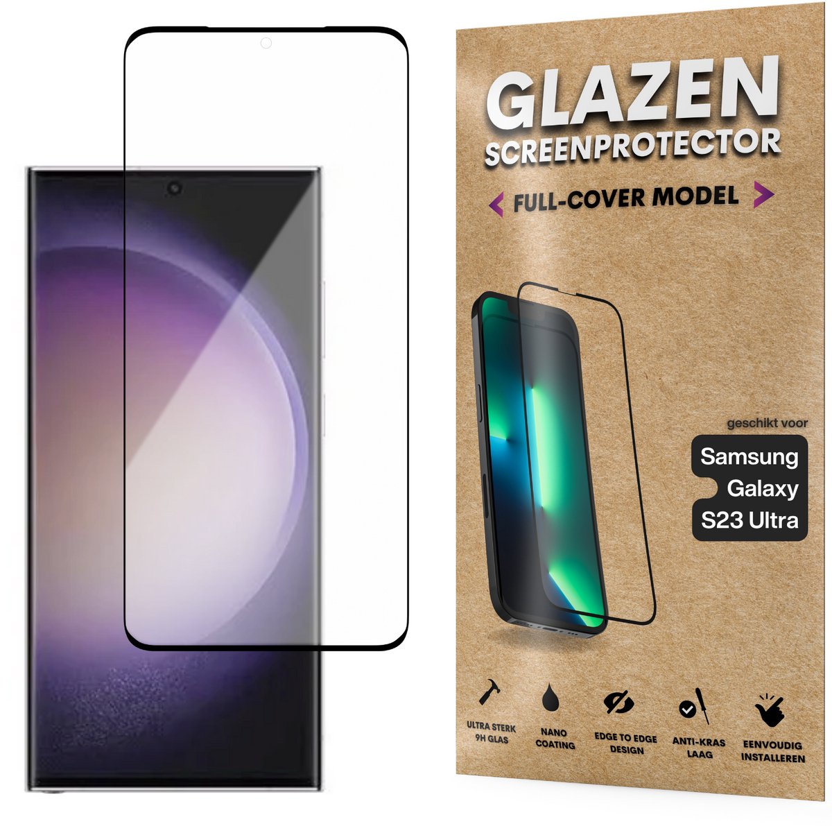Screenprotector - Geschikt voor Samsung Galaxy S23 Ultra - Gehard Glas - Full Cover Tempered Glass - Case Friendly