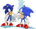 Twee Sonic the Hedgehog karakters geven elkaar een high five.