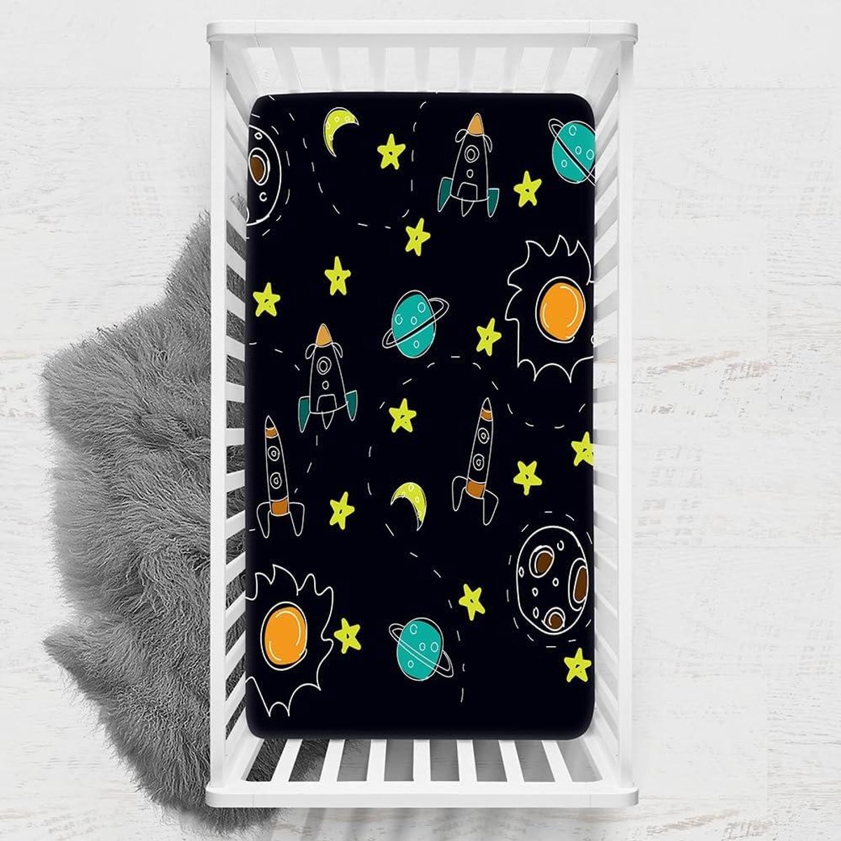 Baby Hoeslaken - Wieg Laken Kinderbed - Baby Slaapcomfort - Sterrenhemel Print - 45 x 90 cm - Zwart