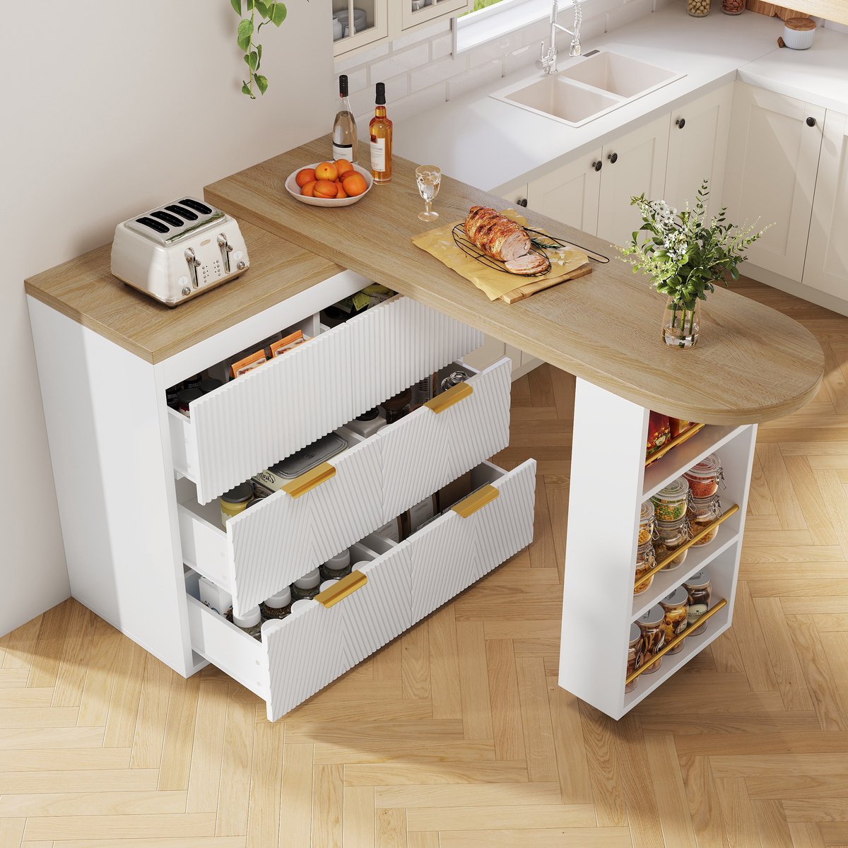 PHOEBE CAT Bartafel - Eettafel - 6 lades - Dressoir - 360° draaibaar - Houtnerf - Wit + Naturel