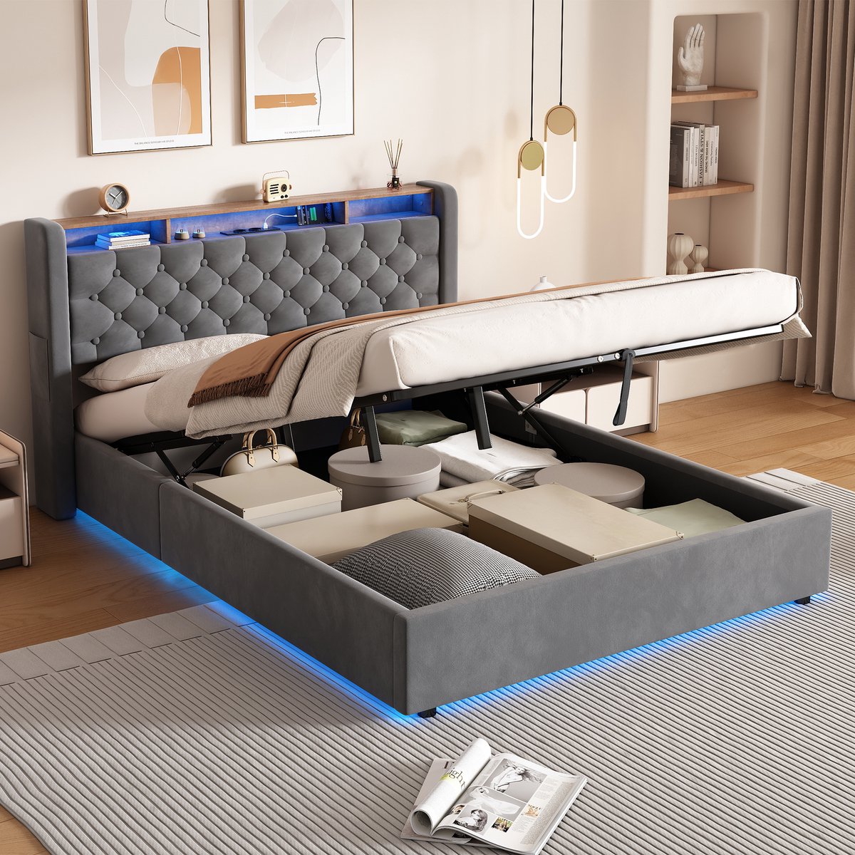 MODENUIT Gestoffeerd Bed 140x190 cm - Met Opbergruimte En Opklapbaar Hoofdbord met Stopcontact En LED Verlichting - Fluweel - Donkergrijs - Zonder Matras