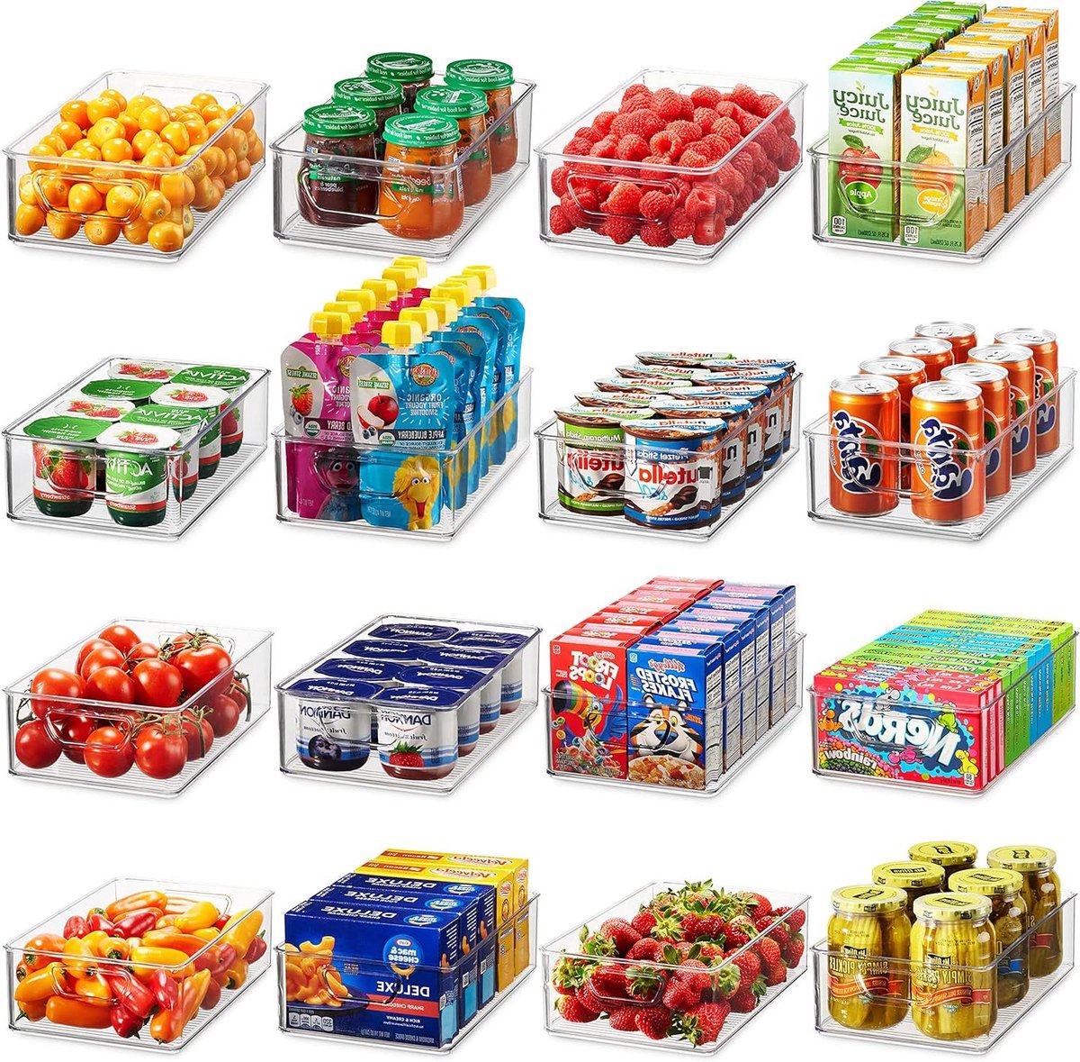 Koelkast Organizer Bakken - Keuken Opbergmanden - Netjes Organiseren - 16-Delige Set - Verschillende Maten - Transparant