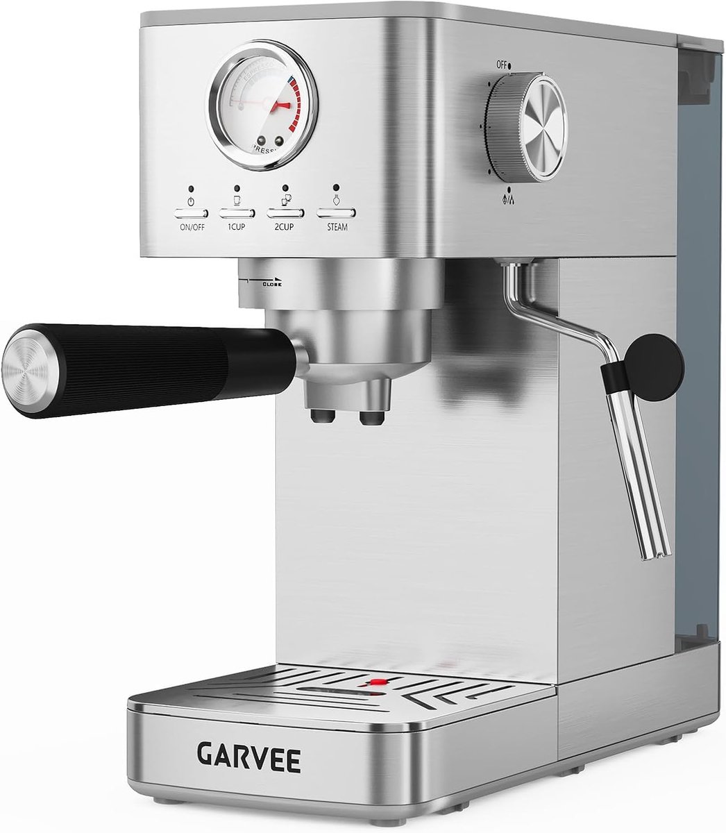 Compacte Pistonmachine met Melkopschuimer en Drukmeter - Espressomachine RVS - 1300W - Voor Espresso & Cappuccino