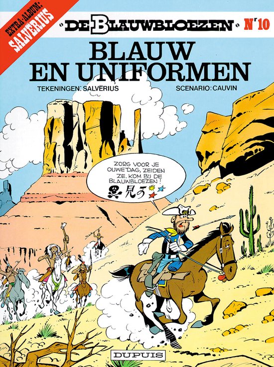 Bande dessinée 'Les Tuniques Bleues 10 - Bleu et uniformes', avec un cowboy à cheval.