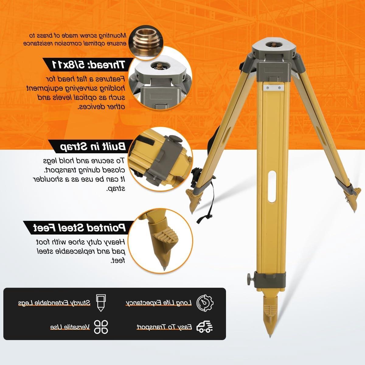 Landmeetstatief Hout - Onderzoeksstatief Meetinstrument - Precisie Metingen - Veilig Twist Lock - 5/8 Inch Schroefdraad - Geel