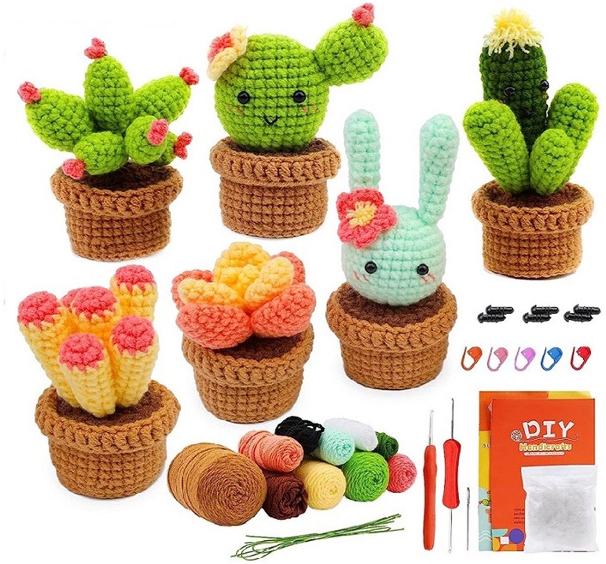 Ultiluxe® Haakpakket Cactus/bloemen - 6 stuks - Complete DIY set - Crochet kit - Knutselset voor Kinderen of Volwassenen - Bloemetjes - Groen/bruin