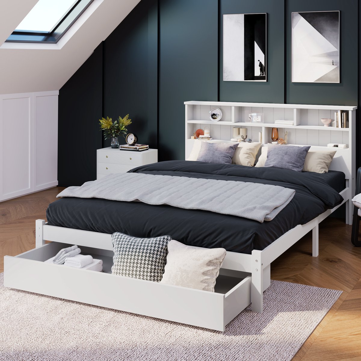 Wishdor Massief Houten Tweepersoonsbed 140x200 cm – Met Lade & Hoofdbord Boekenkast – Compleet & Slim – Wit