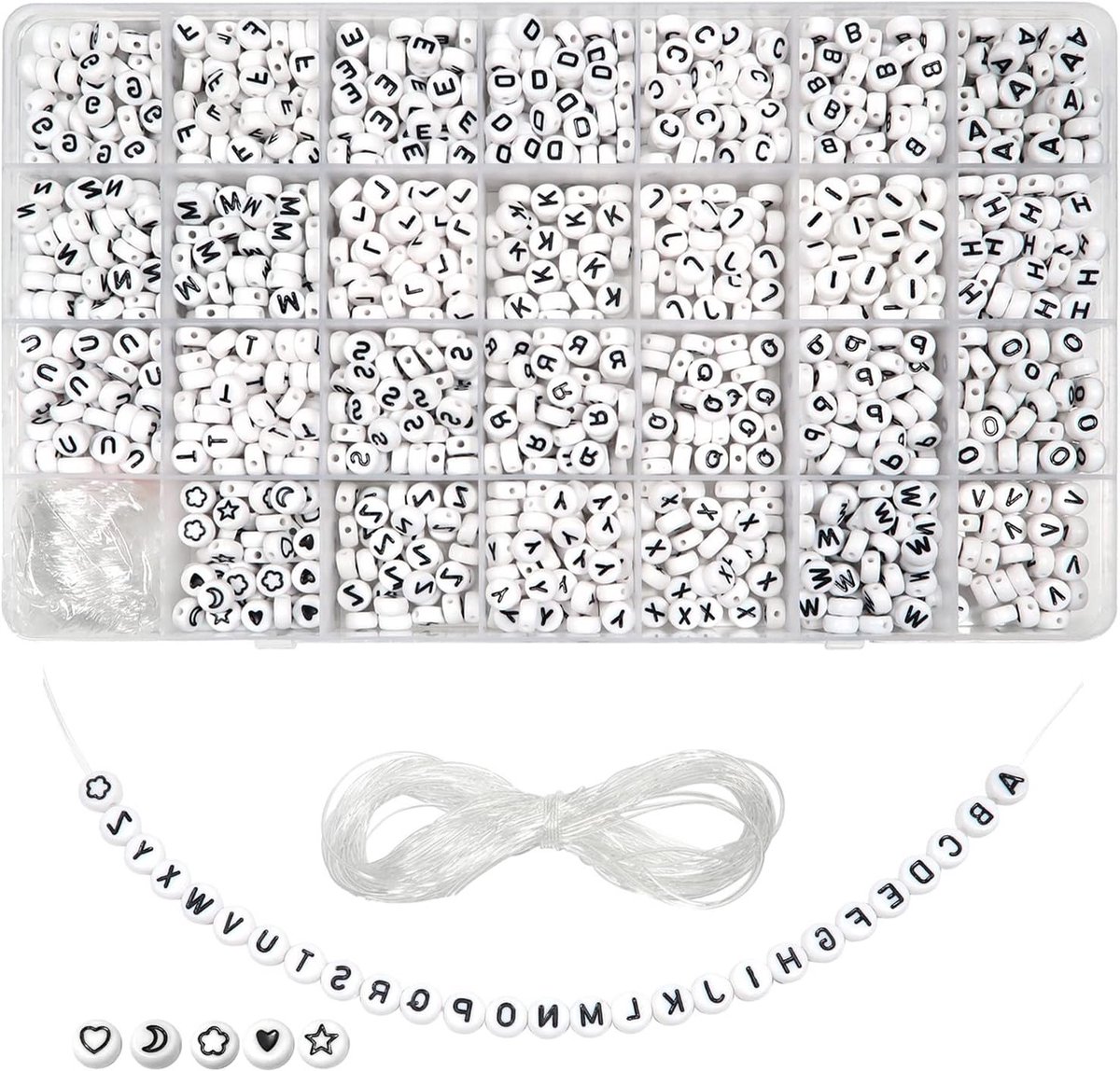 1440 Stuks Acryl Alphabet Kralen 7mm Rond A tot Z Witte Kralen met Zwarte Letters en 15m Kristal Elastiek voor DIY Armbanden en Kettingen Maken