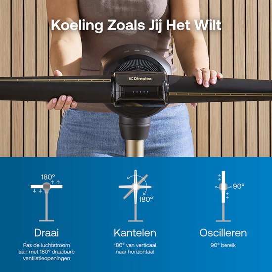 Vrouw toont de functies van de FlexBlade ventilator: 180° draai-, kantel- en 90° oscillatiefunctie.