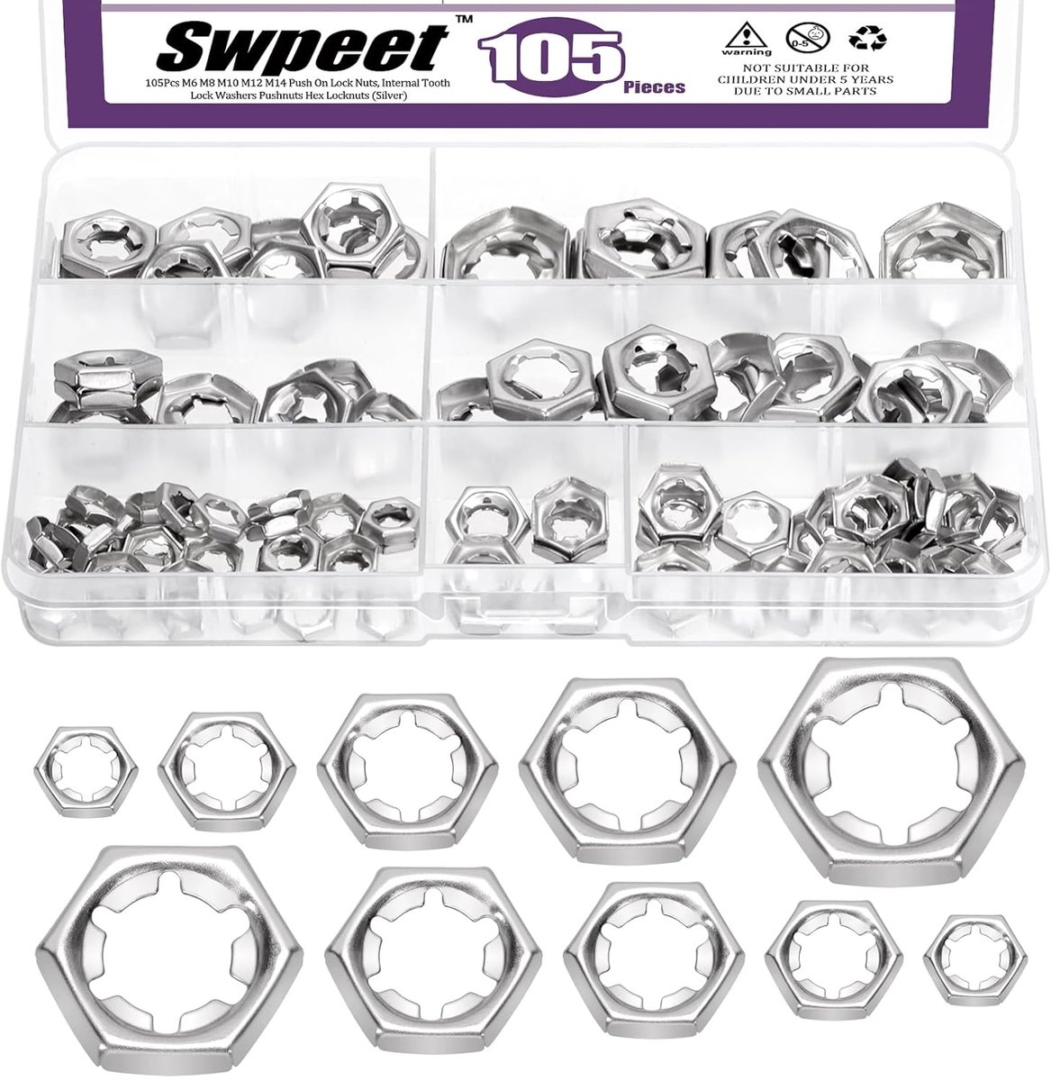 105pcs 5 Sizes M6 M8 M10 M12 M14 304 Stainless Steel Push On Lock Nuts - Assortment Kit - Internal Tooth Screws - Lock Nut Set