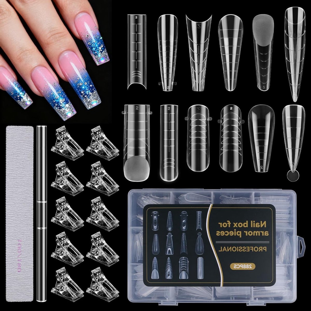 288-delige set voor nagelverlenging met 12 stijlen, nagelgel, nagelborstel en nagelvijl voor perfecte polygel manicure
