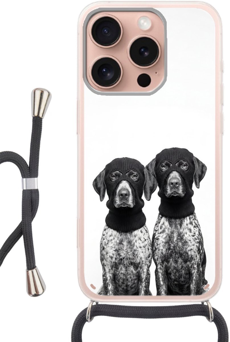 Telefoonhoesje Geschikt voor iPhone 16 Pro - Honden - Bivakmuts - Zwart - wit - Siliconen - Crossbody - Backcover met Koord - Telefoonhoesje met koord - Hoesje met touw Telefoonhoesje