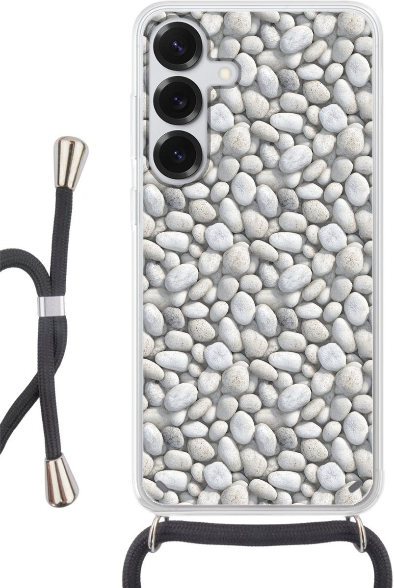 Telefoonhoesje Geschikt voor Samsung Galaxy S25 - Steentjes - Grijs - Ovaal - Siliconen - Crossbody - Backcover met Koord - Telefoonhoesje met koord - Hoesje met touw Telefoonhoesje