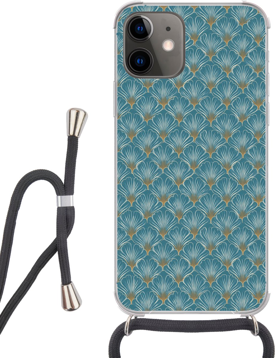Telefoonhoesje Geschikt voor iPhone 12 Mini - Symmetrisch - Patroon - Blauw - Siliconen - Crossbody - Backcover met Koord - Telefoonhoesje met koord - Hoesje met touw Telefoonhoesje