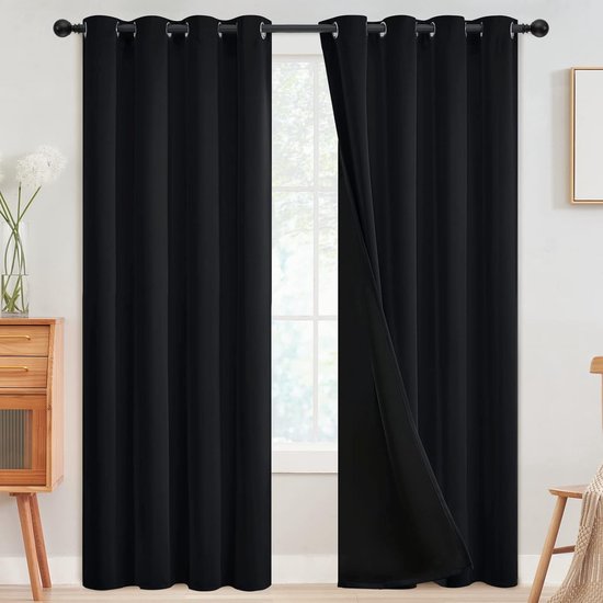 100% verduisterende gordijnen voor slaapkamer, thermisch isolerende ringgordijnen, zwarte verduisterende gordijnen voor woonkamer met zwarte achterkant, 132 x 213 cm, 2 panelen