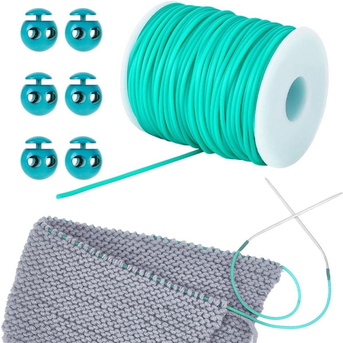 50m Stitch Cord, 2mm Holle Rubber Tube, Brei Barber Cord, Steekhouder met Plastic Koord voor Stiksels, Armbanden, Kettingen en Sieraden Maken in Medium Turquoise