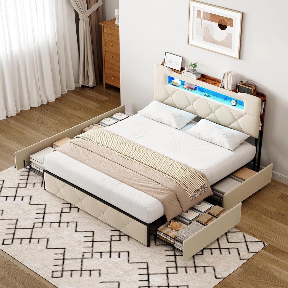 Tweepersoonsbed - Gestoffeerd bed - Slaapkamer inrichten - Met opbergvakken - 160 x 200 cm - Beige
