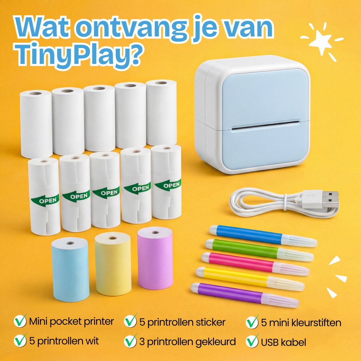 TinyPlay Mini Printer 300 DPI - Pocket Printer - 13 rollen papier in kleur, Sticker en wit - Mobiele fotoprinter - voor Smartphone - Thermische draagbare printer - Thermal miniprinter — afbeelding 7