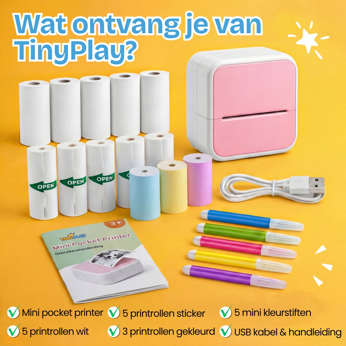 TinyPlay Mini Printer 300 DPI - Pocket Printer - 13 rollen papier in kleur, Sticker en wit - Mobiele fotoprinter - voor Smartphone - Thermische draagbare printer - Thermal miniprinter – foto 6