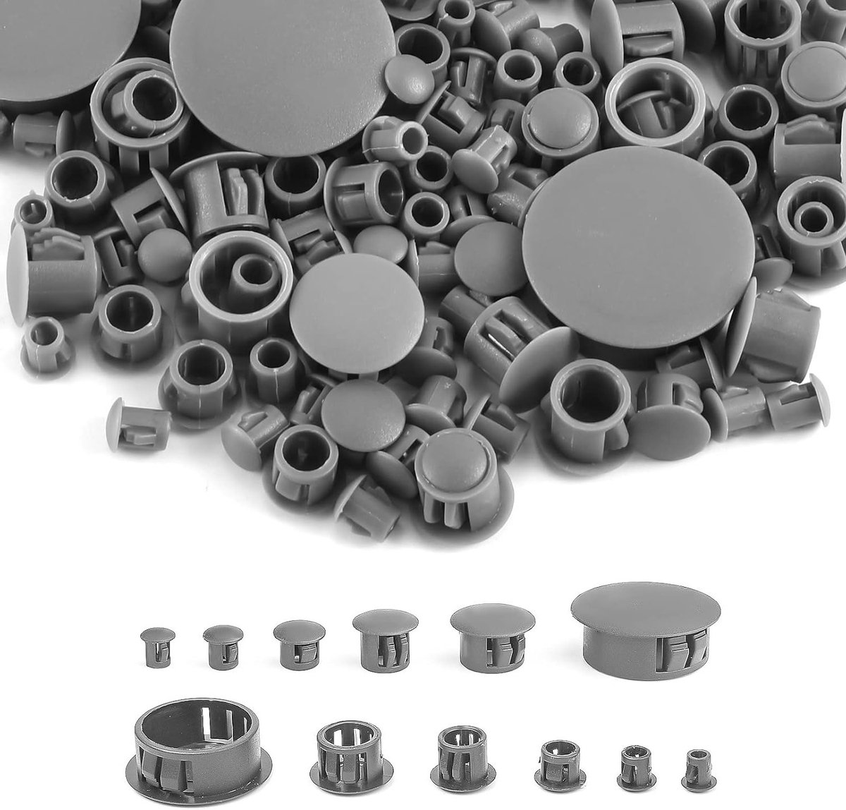 Plastic Gatenpluggen voor Meubels en Apparatuur - 155 Stuks in Grijs, Diverse Maten van 5 tot 25mm, Ideaal voor Panelen en Afdekkappen
