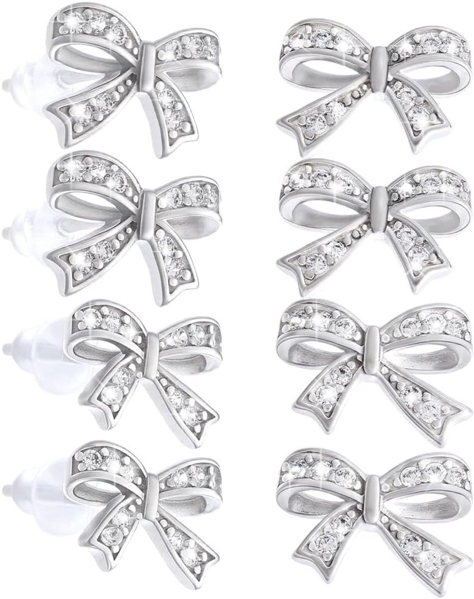 4 Paar Messing Strikken Oorringen met Micro Pave Kubieke Zirkonia en 925 Sterling Zilver Stekers voor Vrouwen - Perfecte Kerstkous Vullingen en Feestelijke Accessoires