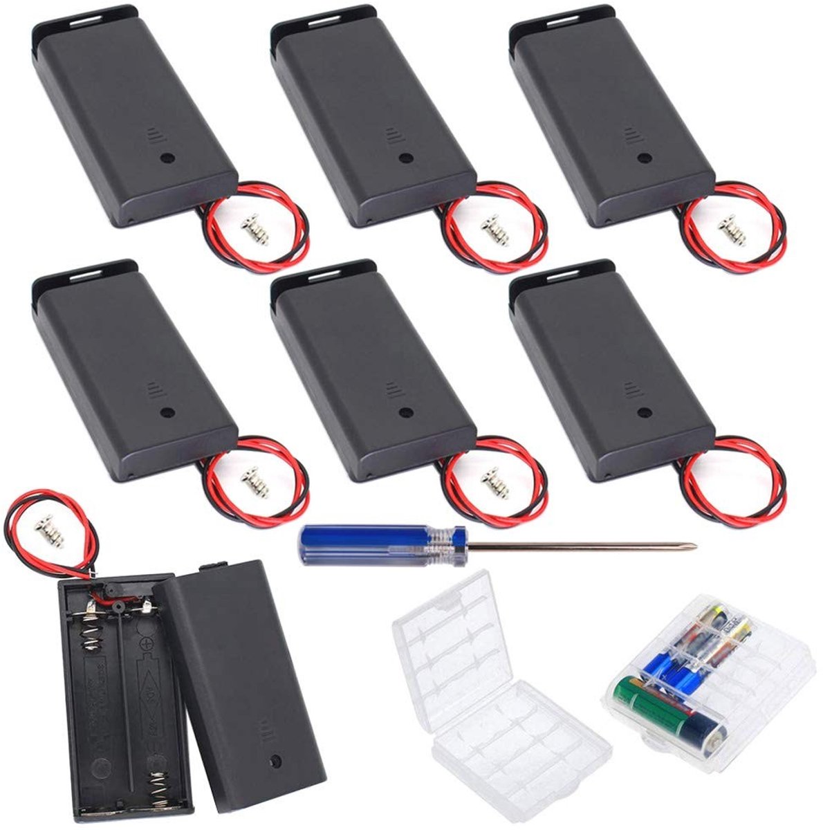 Golden crown - Batterijhouder - 2 AA batterijhouder - Duurzaam en veilig - Zwart - Batterijopslag - Ideaal voor hobby en elektronica - 7-delige set