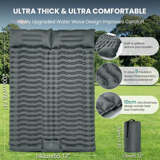 Camping Matras met Ingebouwde Voetpomp voor 2 Persoons - Opvouwbaar Matras - Vouwmatras - Camping Matje - Slaapmat - Logeer Matras - Luchtmatras - Kampeer Matras - Camping Bedje - Polyester - 200 x 140 x 10 cm - Grijs - van Imperatoris van Camping — afbeelding 2