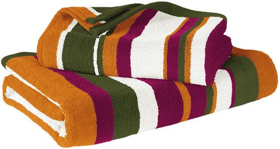 Deux serviettes rayées orange, vert, blanc et violet.