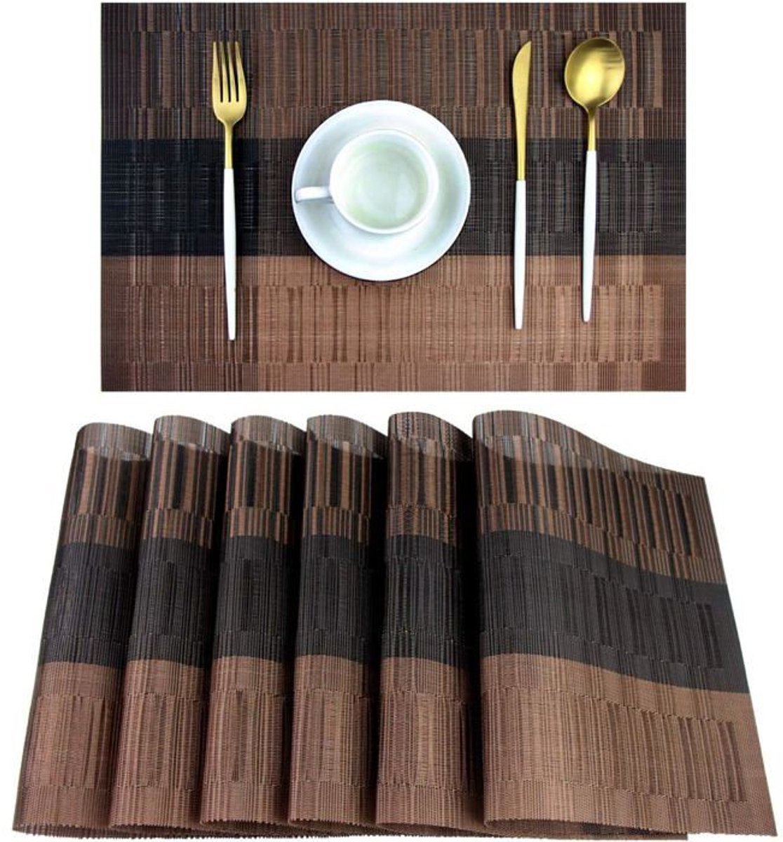 Placemats - Set van 6, wasbare bruine geweven vinyl placemats, duurzaam.