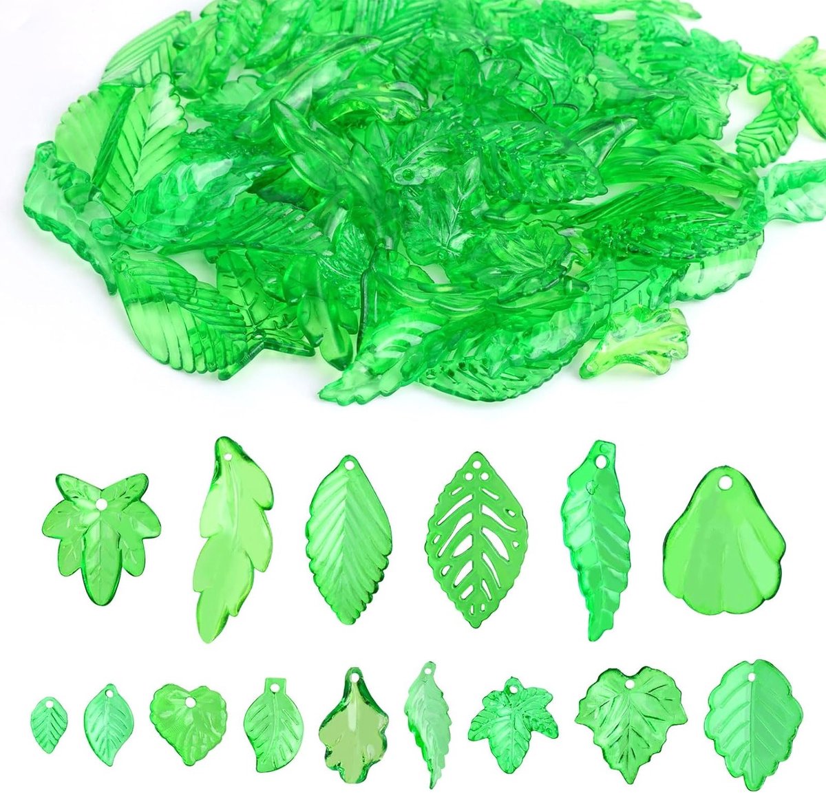 300 Stuks Groene Acryl Blad Kralen, 15 Stijlen Transparante Blad Charms en Schattige Esdoornblad Pendants voor Sieraden Maken, DIY Oorbellen, Kettingen en Enkelbandjes Accessoires