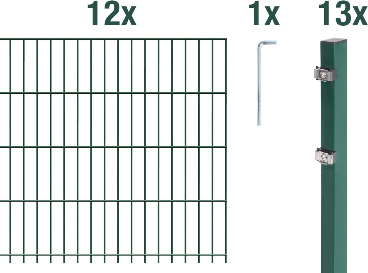 Alberts 672287 dubbelstaafmat hekwerk als 32-delige complete hekwerkset, kunststofgecoat, groen, hoogte 163 cm, lengte 30 m