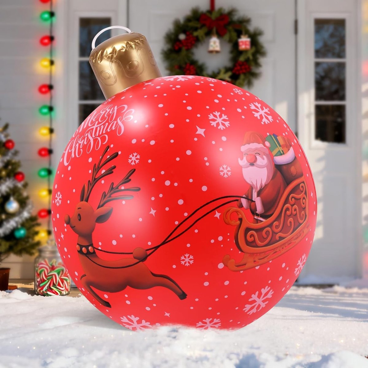 Grote Opblaasbare Kerstbal - PVC Kerstdecoratie - Decoratie voor Feest - Huis - Tuin - Gazon - Patio - Ornament (Rood Santa)