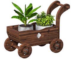 Grote Houten Plantenbak - Luxe Bloembak met Kruiwagen - Verhoogd Tuinbed in Wagenvorm - Koude Kas met 4 Wielen & Handvat - Kweekbak - Moestuinbak - voor Buiten, Terras, Tuin & Balkon - voor Groenten, Bloemen & Kruiden - 68 x 38 x 52 cm