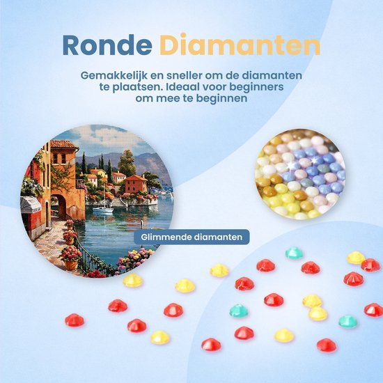 Gros plan sur des diamants ronds scintillants et une partie d'une peinture diamant terminée représentant une côte italienne.