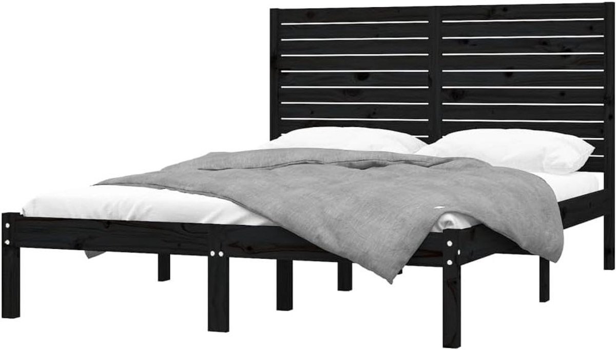 Bedframe Massief Hout - Ledikant Tweepersoons - Slaapkamer Inrichten - Stevig en Stabiel - 150x200 cm - Zwart