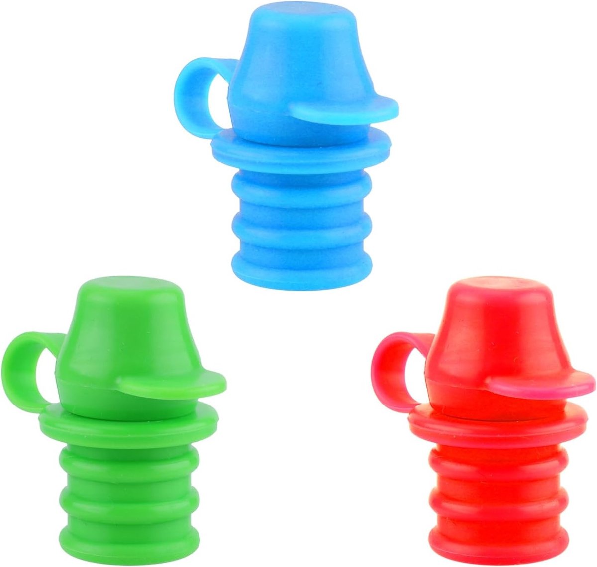 Set van 3 Silicone Flessendoppen voor Babyvoeding, Levensmiddelenpouches en Flessen - Geen Gemorrel, Geschikt voor Kinderen en Volwassenen (Rood, Groen, Blauw)