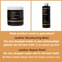 Pot 'Leather Recoulouring Balm Dark Brown' en 'Leather Repair Paint Dark Brown' van Furniture Clinic. Tekst: 'Welk product moet je gebruiken?'. Uitleg over wanneer de balsem of de verf te gebruiken.